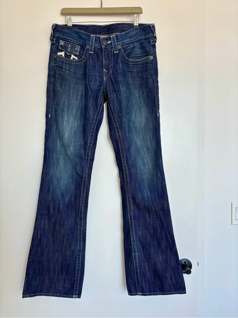 Vintage made in USA True Religion men’s dark blue bootcut jeans, leather accent